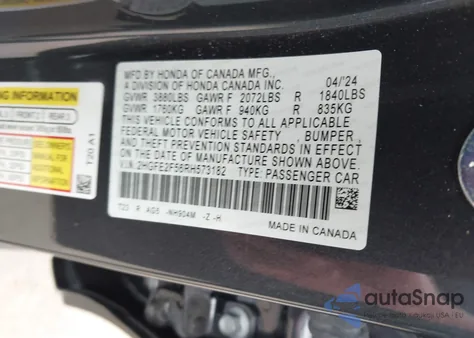 2024 Honda Civic Sport из США, поврежденный, VIN 2HGFE2F56RH573182